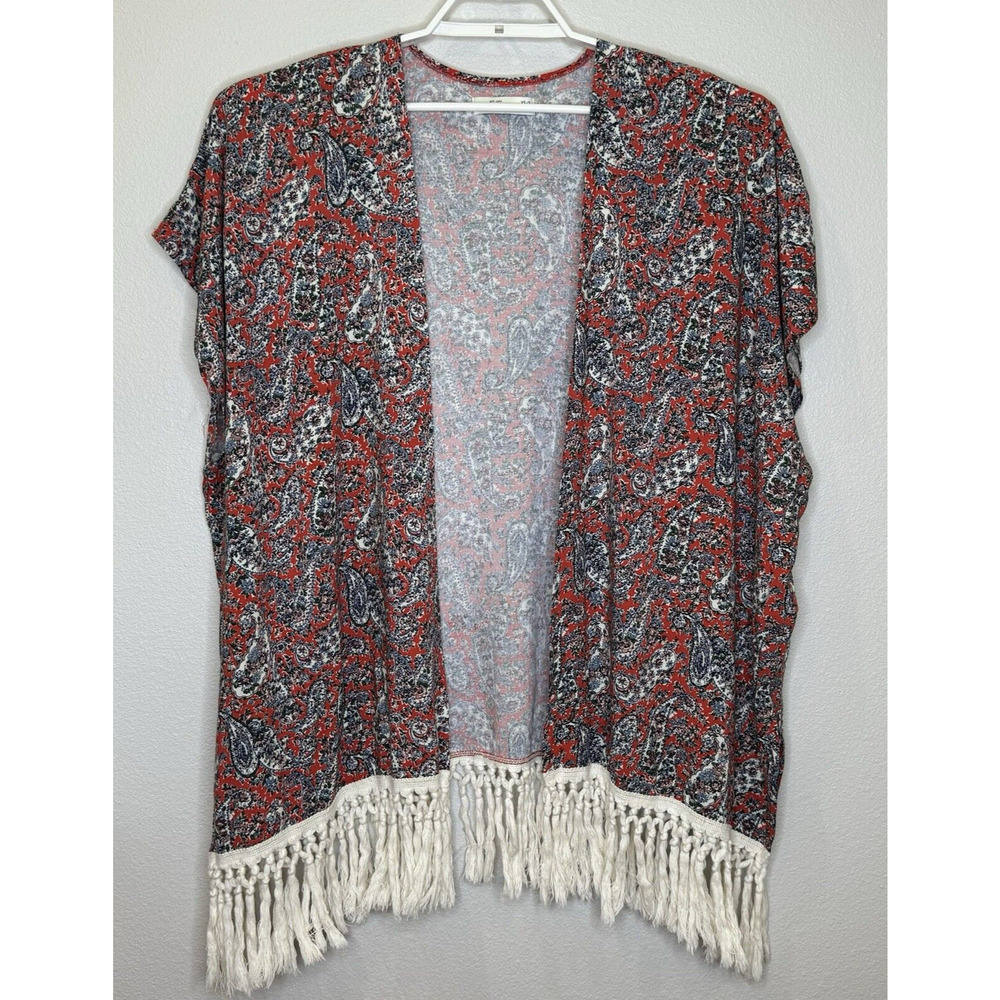 Abercrombie & Fitch Kimono Top Size XS/S Red Paisley Print Open Front Fringe Hem